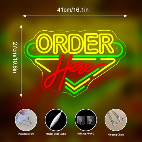 Image of Order Here Neon Sign Coffee Store Colorful Wall Light for Restaurant Decor | 16.1IN*10.6IN,Five level brightness adjustment,USB powered,For Coffee Kitchen Corner Club Window Decor,Party Gifts