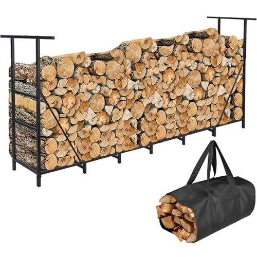 HONEST OUTFITTERS 8ft Firewood Rack Outdoor Adjustable Heavy Duty Firewood Holder Adjustable Wood Racks for Outdoor Indoor Metal Log Racks for Firewood with Firewood Bag Carrier Black