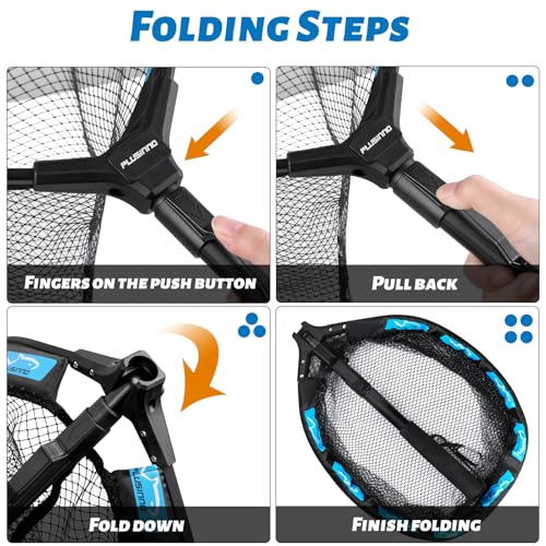 Image of PLUSINNO Fishing Net Fish Floating Landing Net, Kayak Nets with Fixed Foldable Telescopic Pole Handle, Bass Trout Fishing Nets with Nylon Mesh for Pond Lake River, Fishing Gear Gifts for Men Anglers