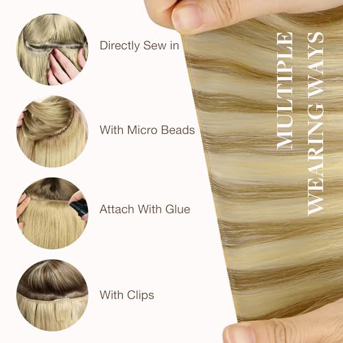 Image of GOO GOO Genius Human Hair Extensions - Sew In Rooted Remy Weft, 16 /22 Light Blonde Highlighted Golden Blonde, 18 Inch 50g, Hand Tied