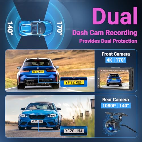 Image of Dash Cam Front and Rear, Dash Cam 4K WiFi /APP Control Dashcam W / 64GB Card Dash Camera for Cars DVR Car Security Cameras W /Loop Recording G-Sensor Time-Lapse Parking Mode Car Dashcam USB Powered
