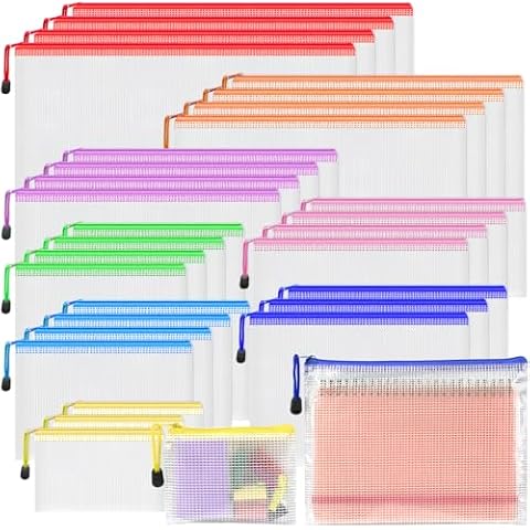 Smarpau 32pcs Zipper Pouch, 8 Sizes 8 Colors Mesh Zipper Pouches for Organizing, Waterproof Plastic Zipper Storage Bags for Board Game Storage, Travel, Office Supplies… Cover