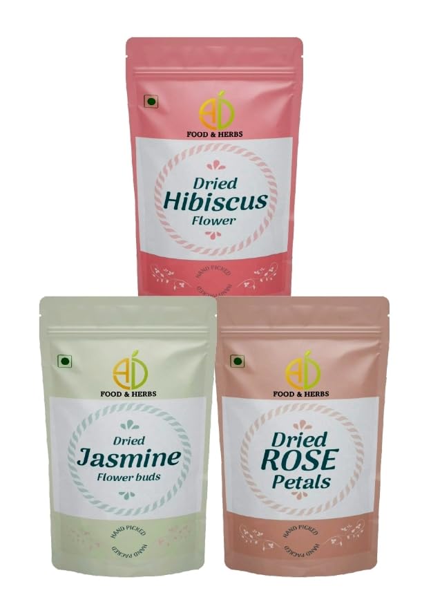 A D Food & Herbs Combo of Dried Jasmine/Rose/Hibiscus Flower Petals Aromatic Edible for Homemade Lattes, Tea Blends, Bath Salts, Gifts, Crafts each pack (20 Gms) (B0B3TS2L2D) Amazon Price History, Amazon Price Tracker