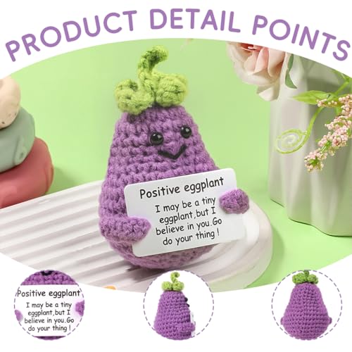 Image of Zibuyu Handmade Crochet Eggplant Toys Desk Decor with Positive Message Card Cute Motivational Crochet Toys Gift for Office Home Baby Nursery, Purple