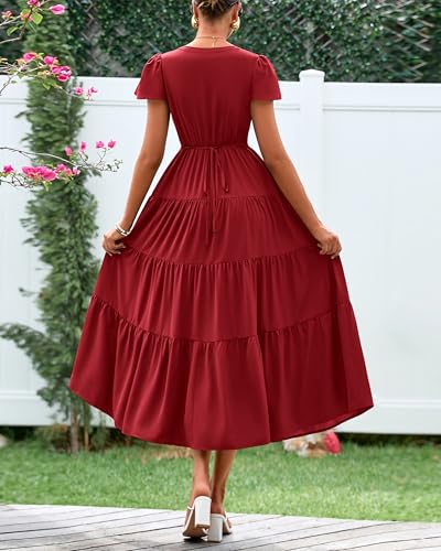 Image of PRETTYGARDEN Women Summer Midi Dresses 2025 Casual Short Sleeve V Neck Belted Tiered Ruffle Vacation Dress with Pockets
