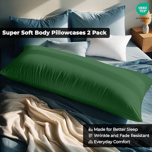 Image of ROYALE LINENS Body Pillow Cover - Double Brushed 1800 Microfiber - 20 inchx54 inch with Hidden Zipper Closure - Wrinkle & Fade Resistant - Super Soft Body Pillowcase 2 Pack (Hunter Green, Pack of 2)