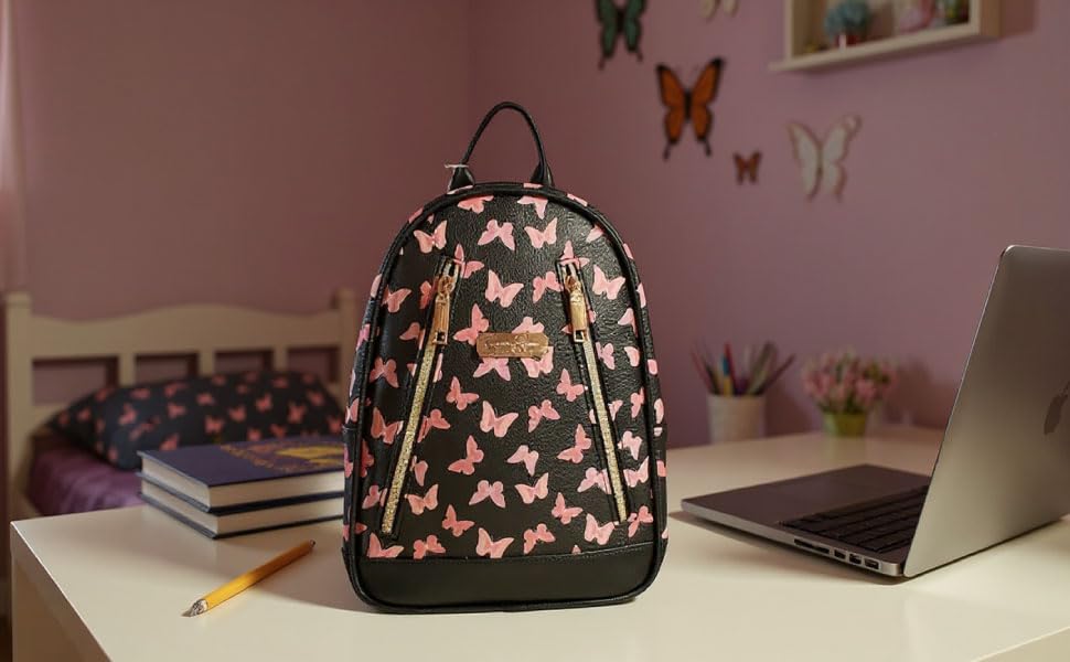 Image of Jessica Simpson Waterproof Mini Vegan Leather Backpack Purse for Women, Travel, Work (Midnight Butterflies)