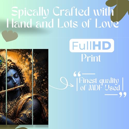 Image of Nozvera Lord Krishna Playing Flute 5 Panel Wall Painting | UV Printed on 7mm Premium MDF Board | 48x24 Inch Large Wall Art for Living Room Bedroom Pooja Room | Antifade Waterproof Home Decor Gift
