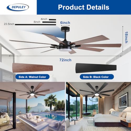 Image of Depuley 72-Inch Ceiling Fan with Light: Modern 8-Blade Walnut and Black Indoor Outdoor Fans with Remote Control Dimmable Light - Ultra Quiet DC Motor Reversible 6 Speed Timer
