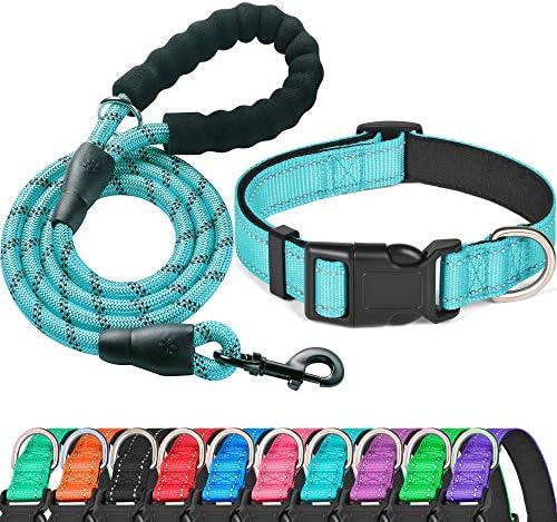 Ladoogo Reflective Collar Padded with Soft Neoprene Breathable Adjustable Nylon Collars for Small Medium Large Dogs (Collar+Leash M Neck 16"-19", Blue)