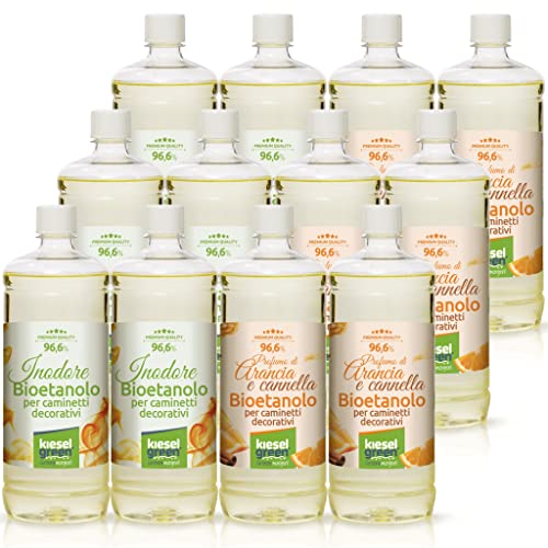 KieselGreen Bioethanolo 12 x 1 litro Set (6x Inodore + 6x con Fraganza) per Caminetto a Etanolo – Bio-etanolo profumato per Ambienti - Profumo per Caminetto a bioetanolo da Interno o da Tavolo OZ