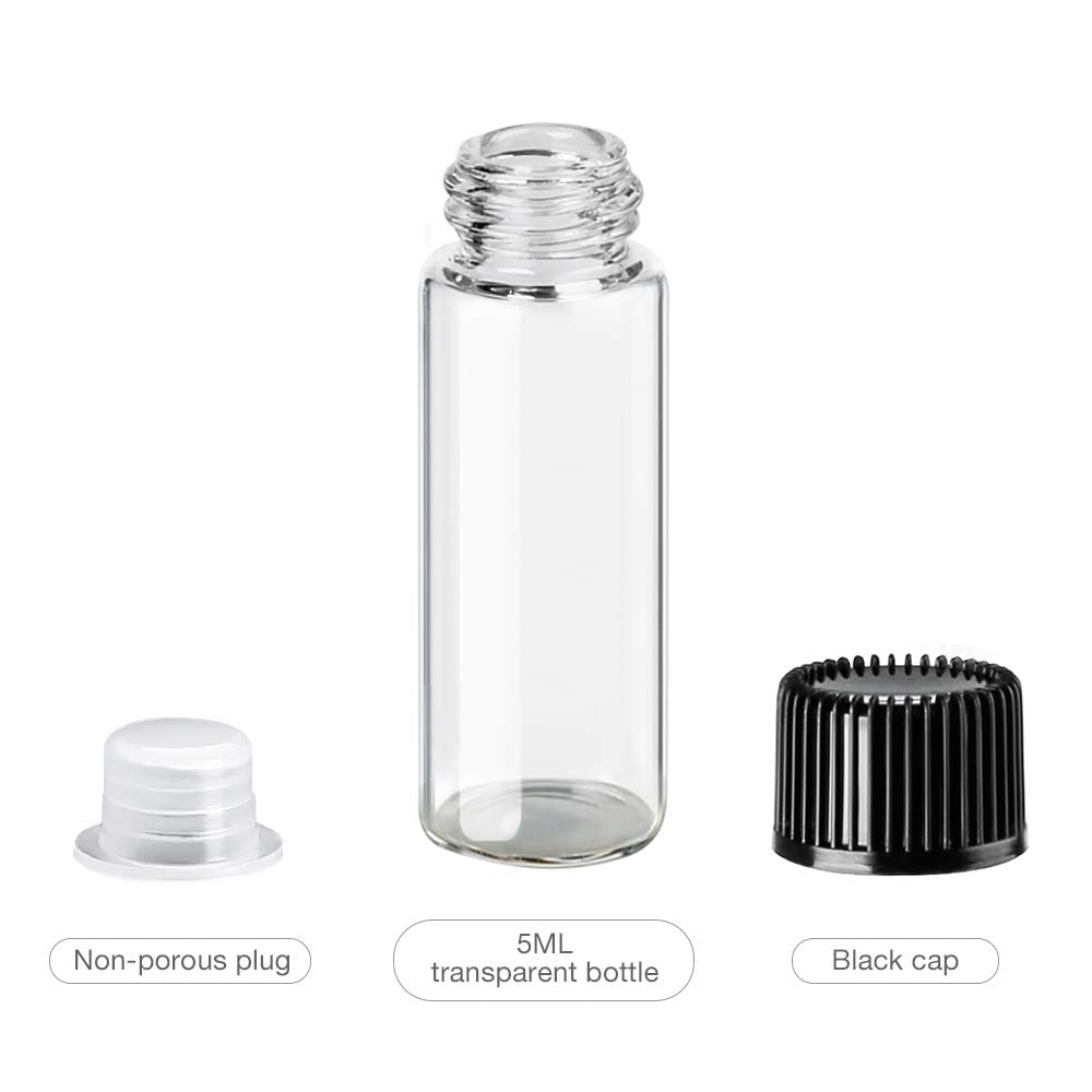 24 Piccola Bottiglie di Vetro Campione, 5ml Fiale di Vetro Trasparente, Essential Oil Sample Glass Bottle Vial con Tappo Nero a Vite in Plastica Contenitore