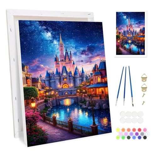 Bowetile Valentinstag Schloss Malen nach Zahlen für Erwachsene mit Rahmen Landschaft Zahlenmalerei Set für Anfänger Leinwand Kit DIY Gemälde Bastelset auf Leinwand mit Pinseln Home Decor 20x30cm