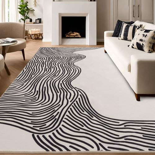 Calinline Moderne Abstract Linien Rugs for Living Room, 200x300 cm Large Non-slip Area Rug, Short Pile Faux Wool Bedroom Carpet, Lightweight Washable Floor Carpet for Bedroom, Esszimmer, Büro, Beige