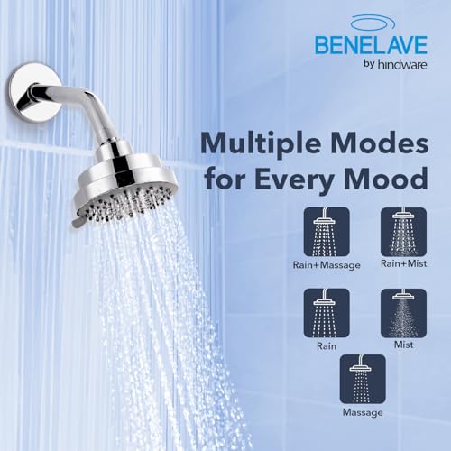 Image of Benelave by Hindware 5-Flow Overhead Shower for Bathroom | Made of ABS | Mirror-like Chrome Polish Finish | Rain, Massage, Mist & Combination Modes | Water Saving Multi Flow Bathroom Shower