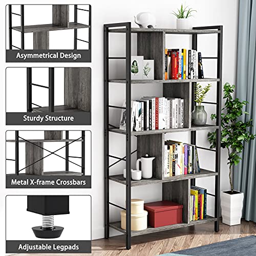 Armocity Bookshelf, 5 Tier Tall Industrial Bookcase Wood Metal Frame Standing Book Shelf thumb #2