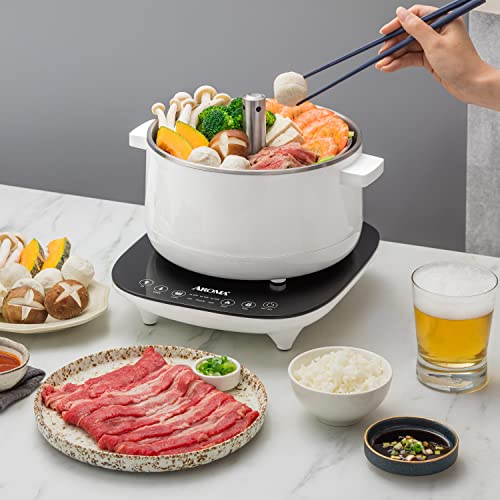 Image of Aroma Housewares 2.5-Liter Smart Electric Hot Pot & Rapid Boil Steamer with Automatic Stainless Steel Steamer Basket Lift, White, ASP-700