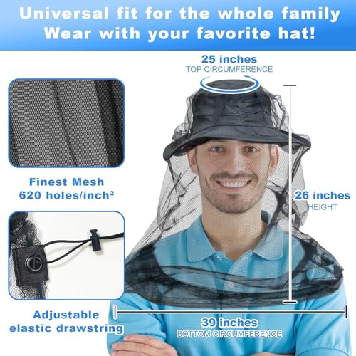 Premium Mosquito Head Net para insectos, 2 unidades, protección contra moscas y bichos, ultra grande y larga, con agujeros extrafinos para camping, senderismo, pesca, jardinería, safari, compatible con todos los sombreros para hombres y mujeres miniatura 3