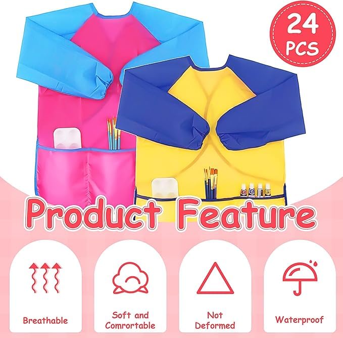 MSYU Confezione da 24 grembiuli da pittura, impermeabili, a maniche lunghe, con 3 tasche, per bambini dai 2 ai 7 anni (colorati)