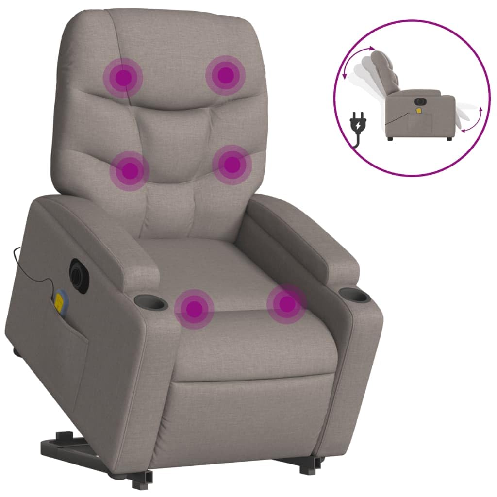 Sillón elevador eléctrico reclinable de tela gris con 6 puntos de vibración y elevación automática, asiento cómodo y estable para relajación y bienestar