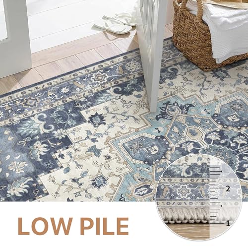 GENIMO 2x6 Runner Rugs for Hallway, Machine Washable Non Slip Vintage Rugs, Low Pile Lightweight Soft Print Rug for enrtyway, Corridor, Home Office, Kitchen, Center Blue