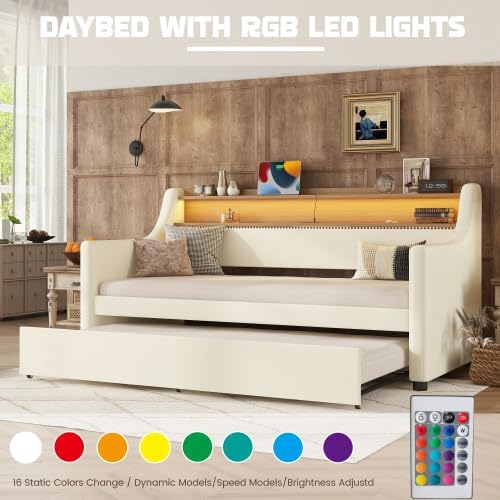 Bellemave Twin Size Daybed with Trundle, Upholstered Daybed with Charging Station and LED Lights, Twin Size PU Leather Daybed SofaBed, White