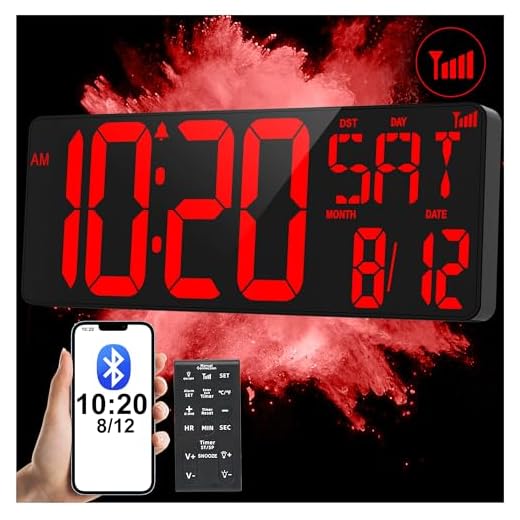 XREXS 17.2" Large Digital Wall Clock Bluetooth Sync Time, Precise Atomic Clocks with Remote Control, Adjustable Dimmer Grandfather Clock, Temperature Clock for Bedroom, Desk Alarm Clock for Teens