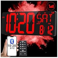 XREXS 17.2" Large Digital Wall Clock Bluetooth Sync Time, Precise Atomic Clocks with Remote Control, Adjustable Dimmer Grandfather Clock, Temperature Clock for Bedroom, Desk Alarm Clock for Teens