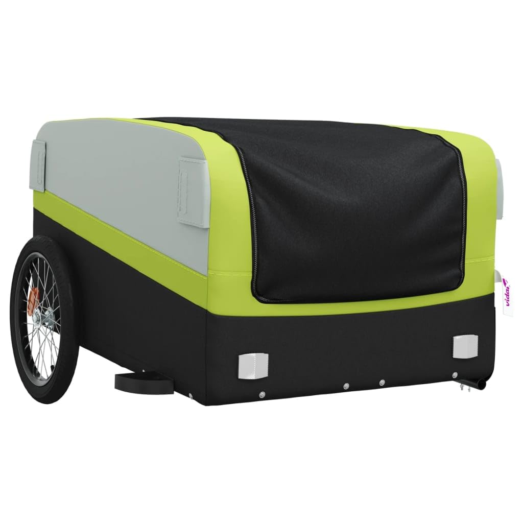 Mangloder Fahrradanhänger schwarz und grün robust aus Eisen mit Deichsel für Transport, Camping, Familienausflüge geeignet, inklusive Sicherheitsflagge und faltbar Design
