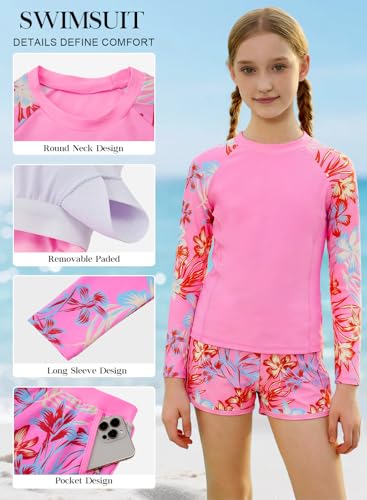 Image of Alakuoti Girls Rash Guard Swimsuit Two Piece Bathing Suit UPF 50+ Sun Protection Long Sleeve Swimwear 6-14 Years