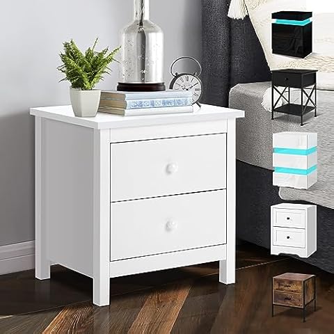 ELFORDSON White Wooden Bedside Table with Drawers Cover