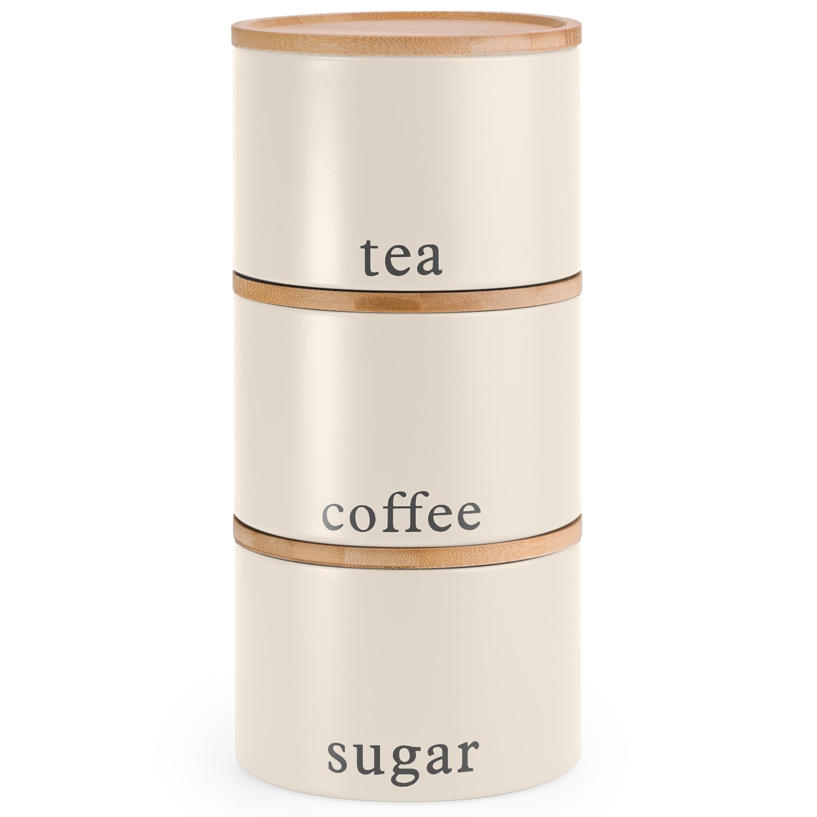 EHC Tea, Coffee, Sugar, Canister Set, Set of 3 Stackable Airtight Food Storage Easy to Open Storage Cansiters Jars Tin, Cream