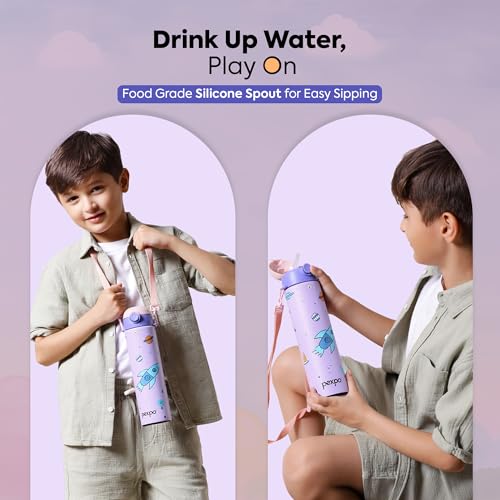 Image of Go24 pexpo Sporty ISI Certified Stainless Steel Water Bottle For School Kids - 700ml (Pack Of 2) | 6+ Years | Sipper Cap | Leakproof & BPA Free | Picnic, Travel, Sport - Purple Rocket UV Print