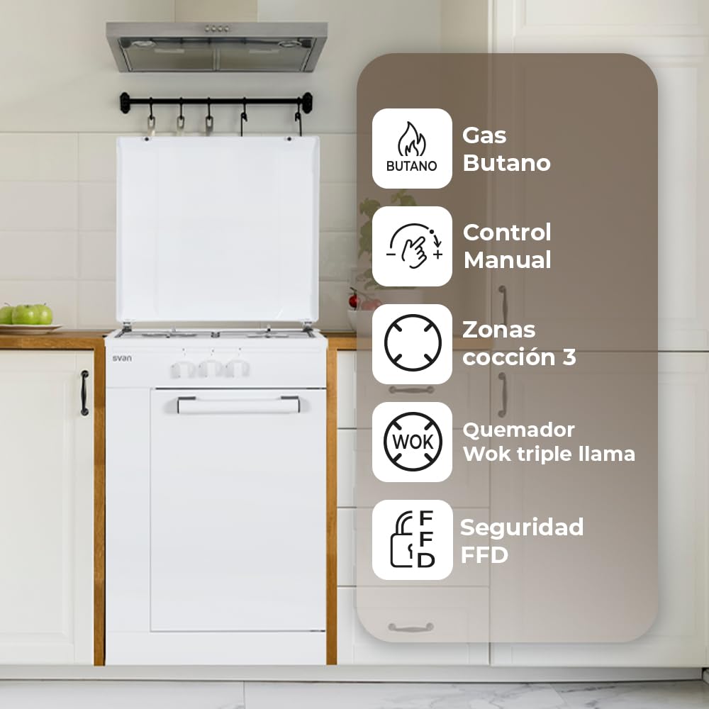 Svan Cocina de Gas Butano Blanco SKG3500PB. 3 Zonas de Cocinado, Quemador WOK triple llama, Compartimento Bombona, Kit Conversión Gas Natural, Acabado en Esmalte Blanco