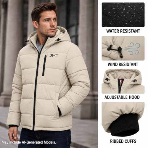 Image of Reebok Mens Quilted Puffer Jacket, Weather Resistant Hooded Winter Coat