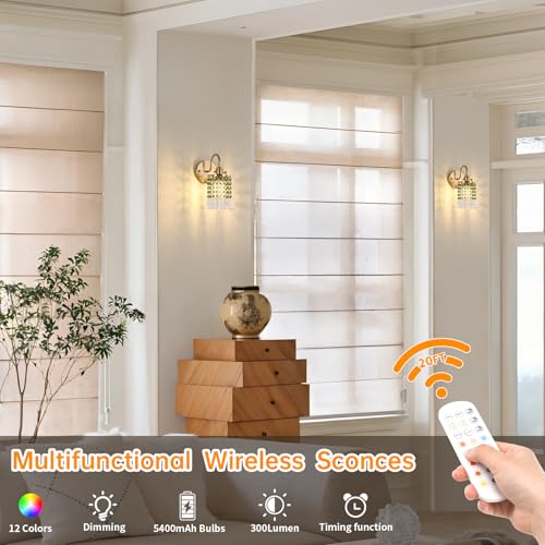 Image of Shenmoyl Set of 2 Crystal Battery Operated Wall Sconce, Rechargeable Battery Powered Wall Lamp with Remote Control, Modern Dimmable Wall Lights for Bedroom Bathroom(Green, Gold Base)