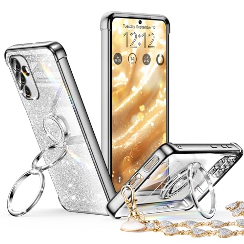 Image of XYZ for Samsung Galaxy S24 Plus Case with Stand, Galaxy S24 Plus Case with Double Ring, Women Girls Bling Luxury Glitter Clear Phone Case Cover Heart for Samsung Galaxy S24 Plus, Silver