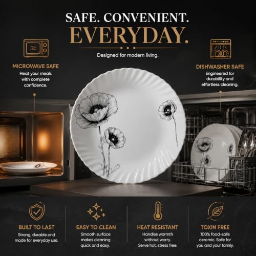Image of CELLO Wild Poppy Dazzle Series Opalware Dinner Set of 40 Pieces for Family of 6 | Bone-Ash Free & Leadfree Opal Glass, Microwave & Dishwasher Safe Plates & Bowls Crockery Set for Dining & Gifting