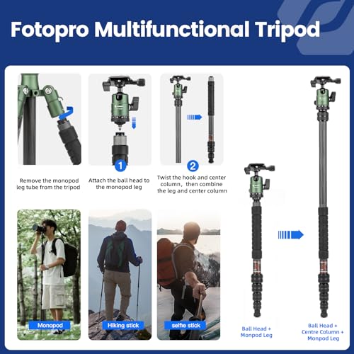 Image of Fotopro 60 inch Carbon Fiber Camera Travel Tripod, 2lbs Super Lightweight Compact Tripod with 360 Metal Ball Head, Detachable Monopod, with Arca QR Plate & Bag, Load up to 8KG /17.63lbs, for SLR DSLR