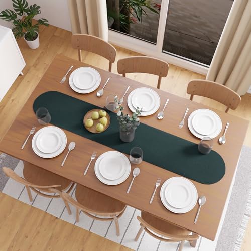 Image of Encasa XO Table Runner for 4 Seater | Handmade Ribbed Style Cotton | 30x137 cm | Dark Green | for Dining & Center Table