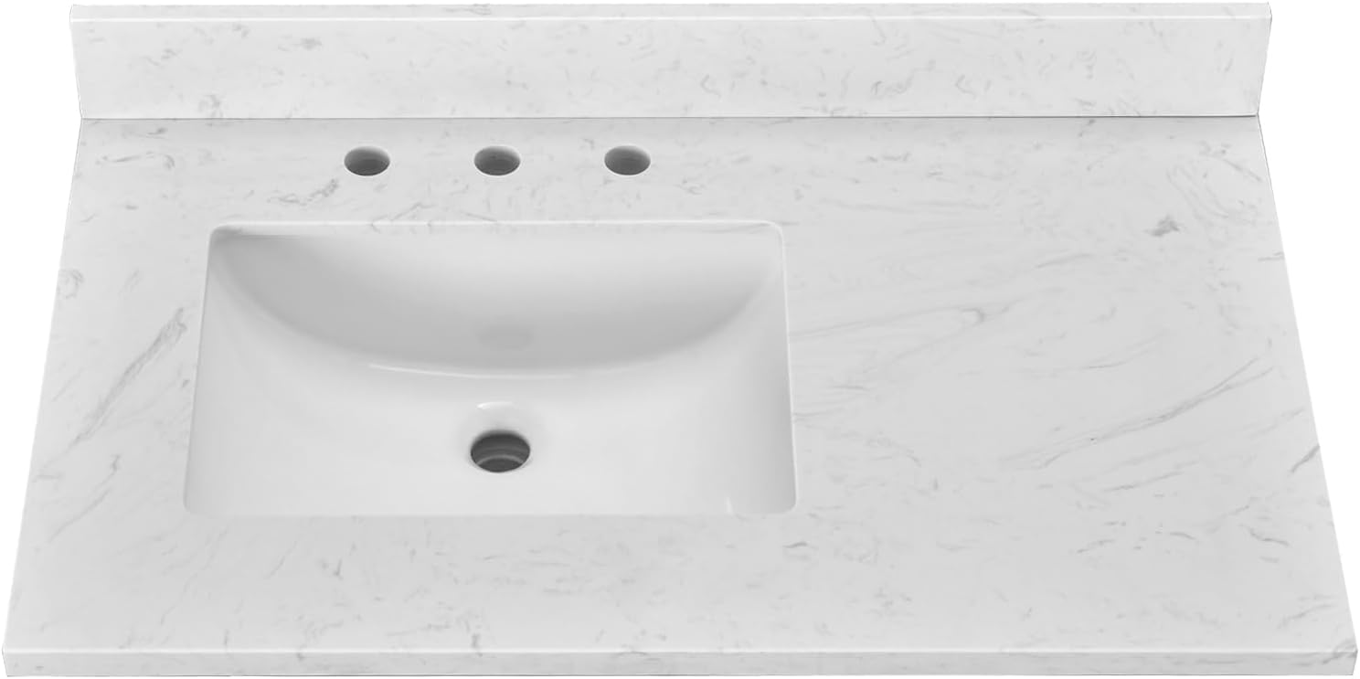 36" x 22" vanity top, volakas white engineered stone vanity sink top, with undermounted rectangular left offset sink & backsplash countertop, pre-drilled 3 faucet holes for vanity top with sink 36” - left sink