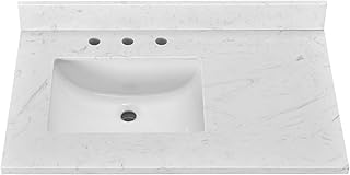 36" x 22" Vanity Top, Volakas White Engineered Stone Vanity Sink Top, with Undermounted Rectangular Left Offset Sink & Backsplash Countertop, Pre-Drilled 3 Faucet Holes for Vanity Top with Sink