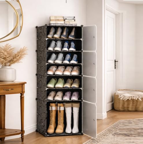Image of LUHI Premium Modular Plastic Shoe Rack for Home with Door | 7-Tier Stackable Shoe Organizer | Waterproof & Dustproof | Space Saving Storage for Home, Bedroom & Entryway [Black A5, 7-Shelf-4-Door]