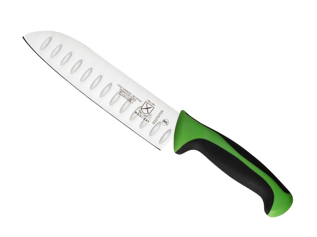 Mercer Culinary Millennia Color Handle Cutlery 7" Santoku Knife (Granton Edge) Green