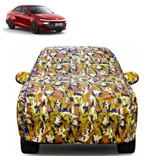 Image of Waterproof Car Body Cover for Hyundai Verna with Mirror Pocket| Cotton Inner Lining | Triple Stitched | All Weather Protection | Dust, UV & Rain Proof (Camouflage with Blue Piping)