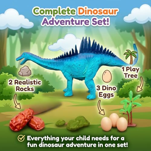 Image of ZESTHOME Big Spinosaurus Dinosaur Toy for Kids - Realistic Dino with Eggs, Rocks & Tree | Non-Toxic PVC Animal Playset for Learning & Imaginative Play (Age 3+) | 1 Dinosaur Set