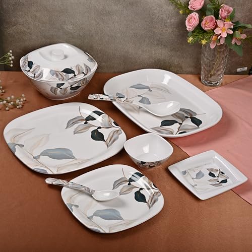 Image of Golden Fish 31 Pcs Complete Dinner Set for 6 with Rice Plate | 6 Full Plates, 6 Quarter Plates, 6 Veg Bowls, 2 Donga with Lid, 2 Serving Spoons & 6 Eating Spoons | Full Meal Serving Combo