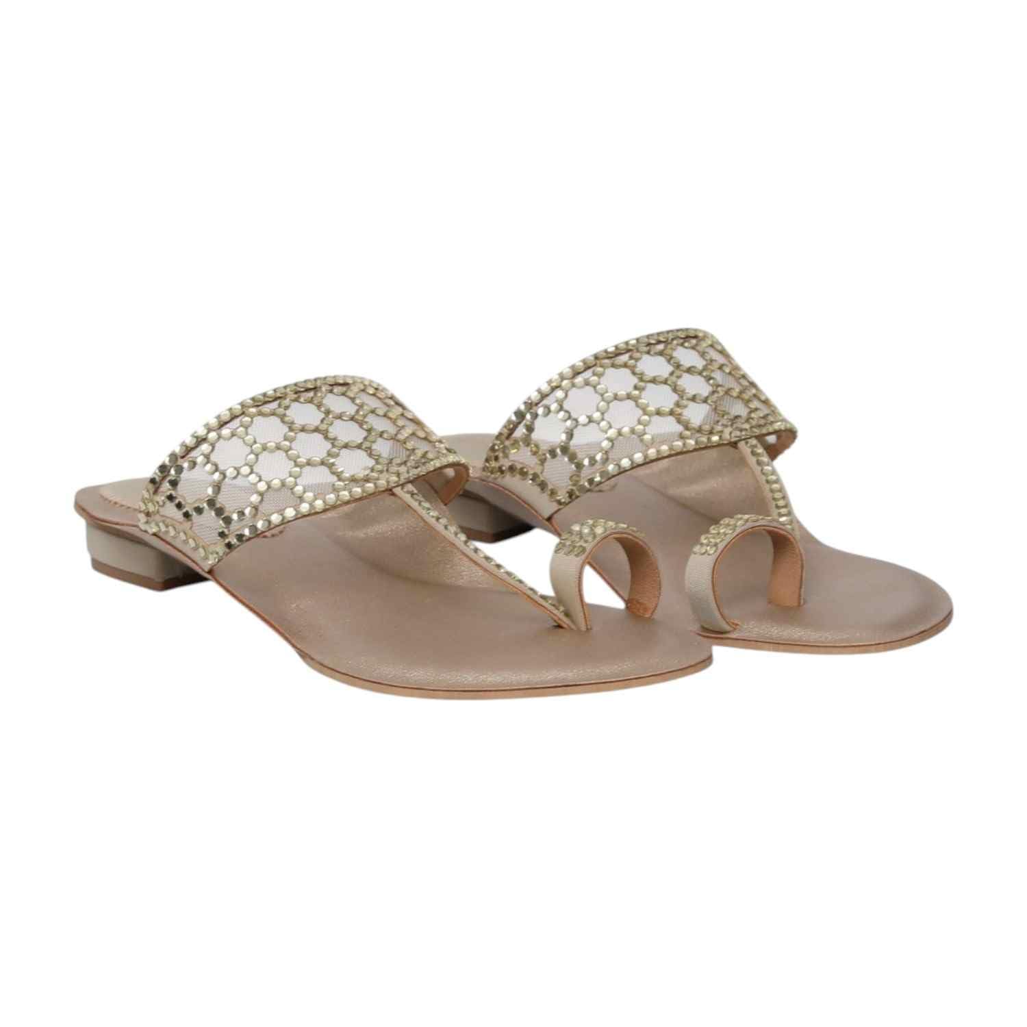 pink leaf Women's Gold Beaded Mesh Strap Heels-picture-33