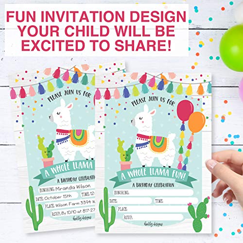 Image of Hadley Designs Kids Birthday Invitations For Boys and Girls Mexican Theme - 25 Llama Birthday Party Invitations For Boys, Fiesta Invites For Girls, Cute Alpaca Cactus Party Supplies, Made In USA