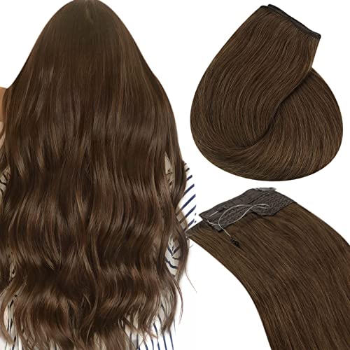 Sunny Fish Line Hair Extensions Light Brown #8 Fishing Line Hair Extensions Brown Remy Human Hair Fishing Wire Extensions Invisible Wire Extensions Brown Natural Silky Straight 14inch 80g/pack